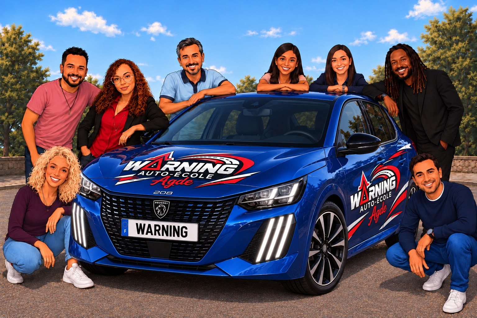 Toute l'équipe de l'auto-école WARNING réunie autour d'une Peugeot 208 aux couleurs de l'auto-école